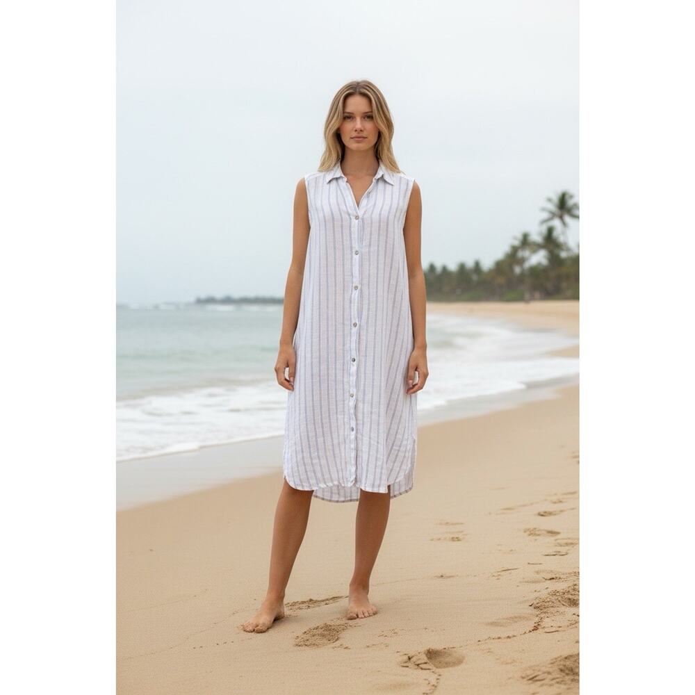 ROSEMARINE Made In Italy White Striped Button Up Dress Sz L 100 % Linen Pockets